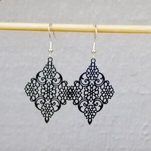 Black Filigree Dangle Earrings, Lacey Floral Filigree Earrings, Bohemian